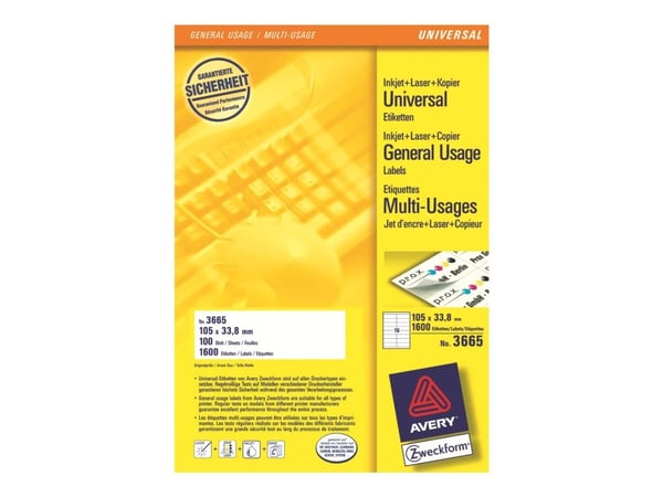 Avery - Hvit - 105 x 33.8 mm 1600 etikett(er) (100 ark x 16) flerbruks merkelapper