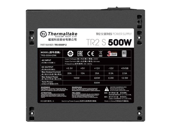 Thermaltake TR2 S 500W - Strømforsyning (intern) - ATX12V 2.3/ EPS12V - 80 PLUS - AC 230 V - 500 watt - aktiv PFC - Europa - svart