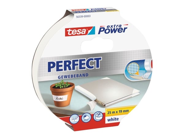 Tesa extra Power Perfect - Tekstiltape - 19 mm x 25 m - hvit