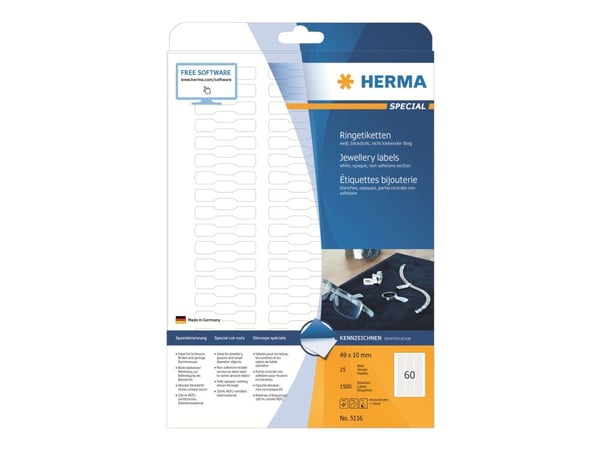 HERMA Special - Hvit - 49 x 10 mm 1500 etikett(er) (25 ark x 60) permanent selvklebende matte opake smykkepapiretiketter