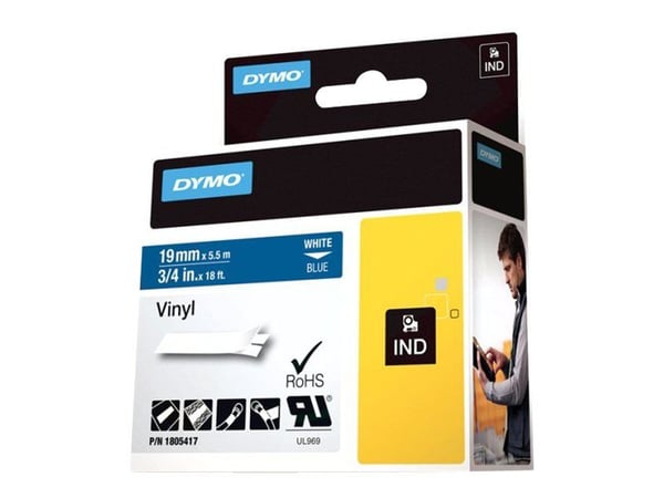 DYMO Rhino Coloured Vinyl - Vinyl - permanet adhesiv - hvitt på blått - Roll (1.9 cm x 5.5 m) 1 kassett(er) tape - for DYMO ILP219; Rhino 4200, 500...