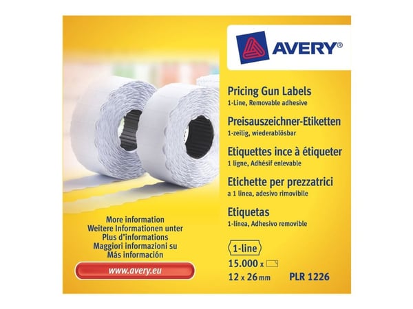 Avery PLR1226, Valkoinen, Hintalappu, Paperi, 26 mm, 12 mm, 15000 kpl