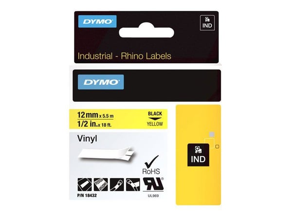 DYMO RhinoPRO - Vinyl - permanent klæbemiddel - gul - Rulle (1,2 cm x 5,5 m) 1 kassette(r) tape - for DYMO ILP219; Rhino 4200, 6000, 6000 Hard Case...