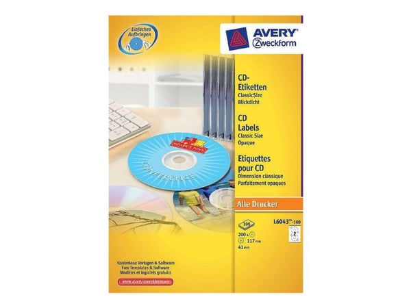 Avery CD/DVD-etiketter Classic Size - Hvit - 117 mm rund 200 etikett(er) (100 ark x 2) CD/DVD-etiketter