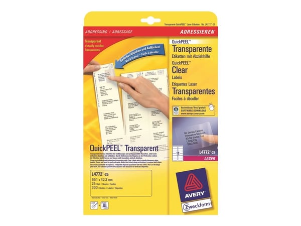 Avery L4772 - 42.3 x 99.1 mm 300 stk (25 ark x 12) transparente adresseetiketter