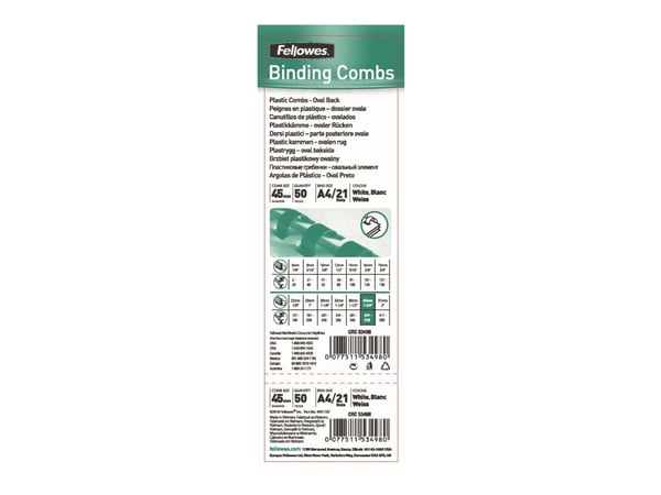 Fellowes Plastic Comb - 45 mm - 21 ringar - A4 (210 x 297 mm) - 410 ark - vit - 50 stk plastbindningskam - för Fellowes Galaxy 500, Galaxy E 500, P...