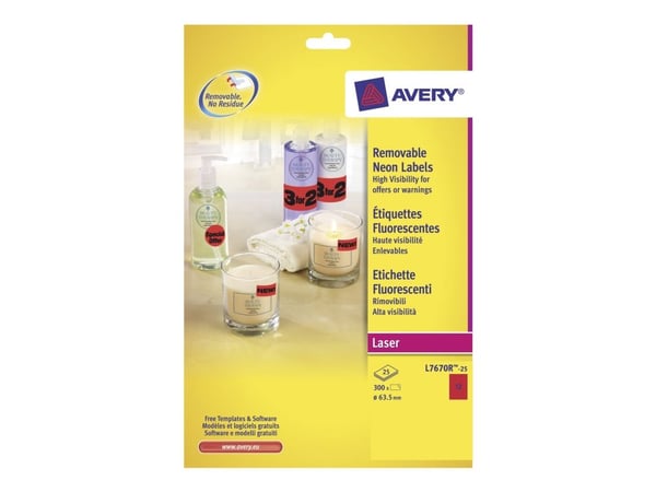 Avery L7670R - Neonröd - 63,5 mm rund 300 etikett (er) (25 ark x 12) runda etiketter