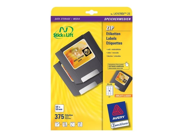 Avery Media Labels L4747 - Fjernbart adhesiv - 50 x 59 mm 375 stk (25 ark x 15) merkelapper