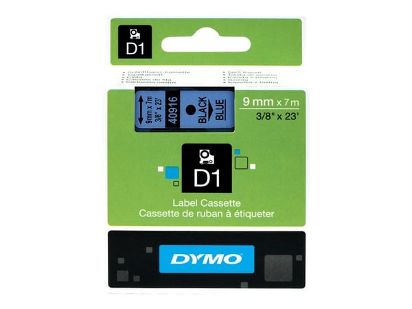 DYMO D1 - Selv-adhesiv - sort på blått - Rull (0,9 cm x 7 m) 1 kassett(er) merketape - for LabelMANAGER 120P, 210D, 220P, 350D, 450D; LabelPOINT 25...