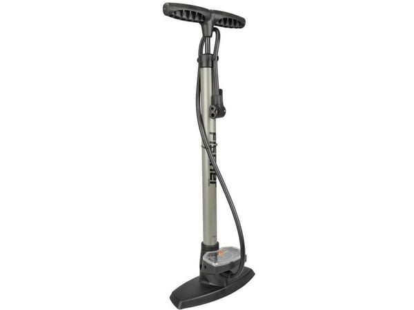 FISCHER sykkel-standpumpe Duokopf, for alle ventiler, robust fotpumpe i plast med manometer, 1 stk (85580)