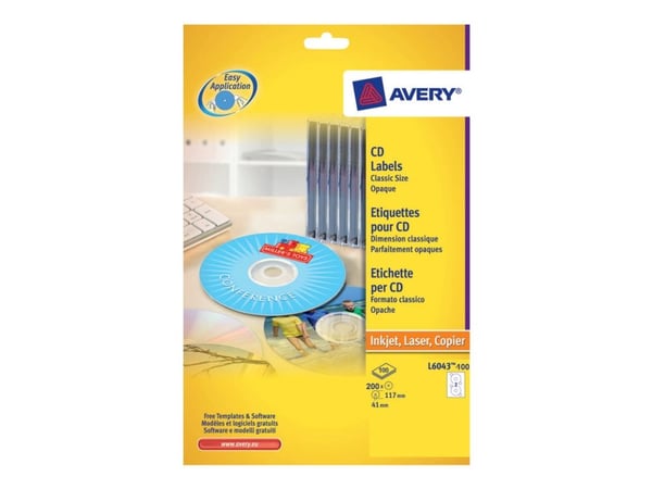 Avery CD/DVD-etiketter Classic Size - Hvit - 117 mm rund 200 etikett(er) (100 ark x 2) CD/DVD-etiketter