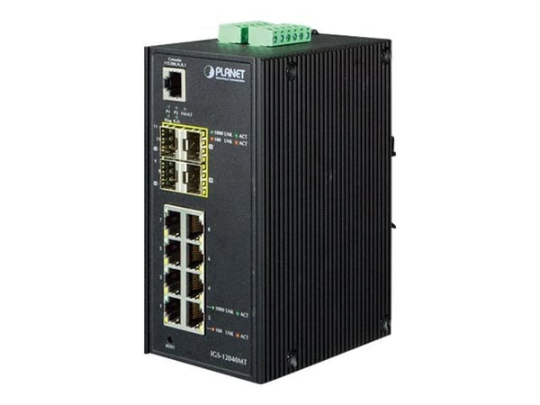 PLANET IGS-12040MT - Switch - Styrt - 8 x 10/100/1000 + 4 x Gigabit SFP - DIN-skinnemonterbar, veggmonterbar - AC 24 V / DC 12 -72 V