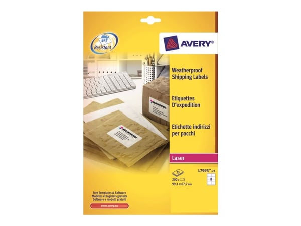 Avery Zweckform L7993 - Permanet adhesiv - hvit - 67.7 x 99.1 mm 200 etikett(er) (25 ark x 8) forsendelsesetiketter
