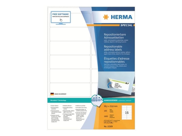 HERMA 10309, Valkoinen, Pyöristetty suorakulmio, Irroitettava, Paperi, Matta, Laser/Inkjet