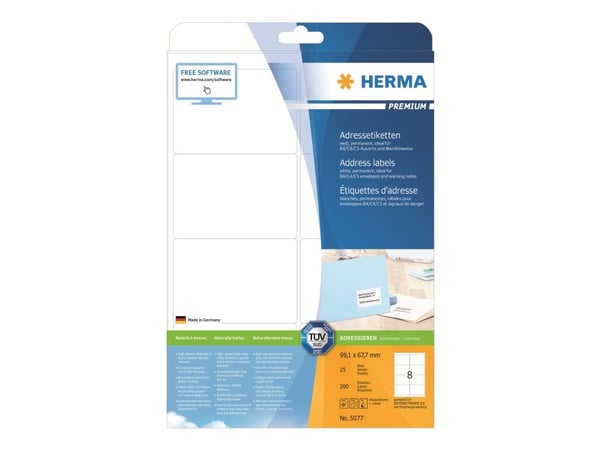 HERMA Premium - Papir - matt - permanent selv-adhesiv - hvit - 99.1 x 67.7 mm 200 etikett(er) (25 ark x 8) laminerte adresseetiketter