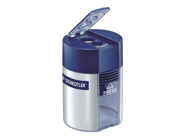 STAEDTLER - Blyantspisser med beholder - 2 hull - blå/sølv - metall, polystyren