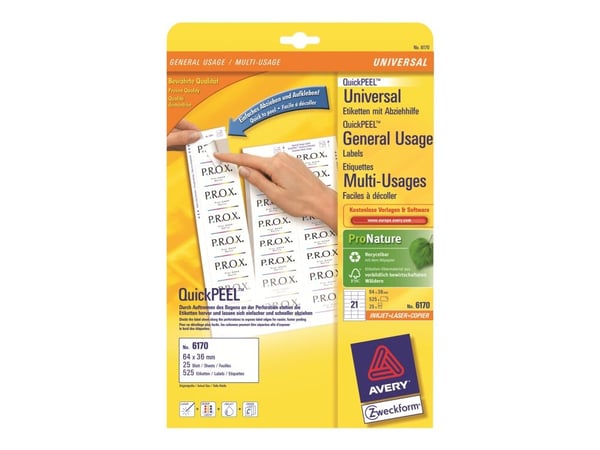 Avery Zweckform 6170 - Papir - permanent klæbemiddel - hvit - 64 x 36 mm 525 etikett(r) (25 ark x 21) etiketter