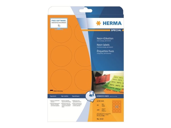 HERMA Special - Permanent selvklebende, matte, fluorescerende papiretiketter - Luminous Orange - 60 mm runde - 240 etiketter (20 ark x 12) (5153)
