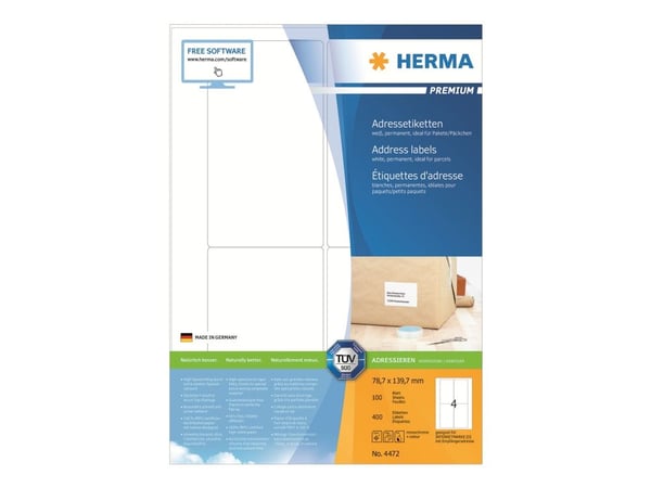 HERMA Premium - Papir - matt - permanent selv-adhesiv - hvit - 139.7 x 78.7 mm 400 etikett(er) (100 ark x 4) laminerte adresseetiketter
