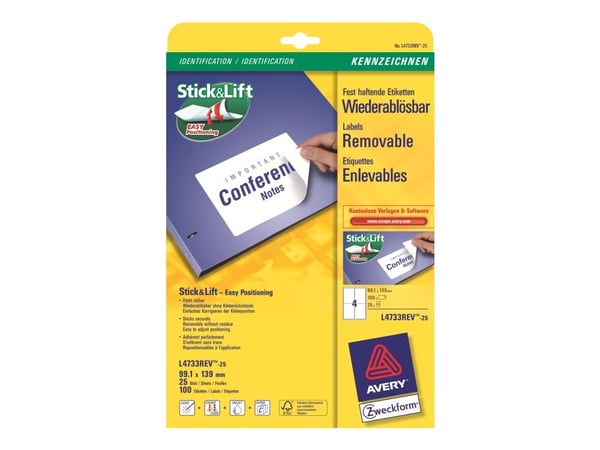 Avery Zweckform L4733REV-25, White, Rounded rectangle, Removable, DIN A4, Universal, Paper
