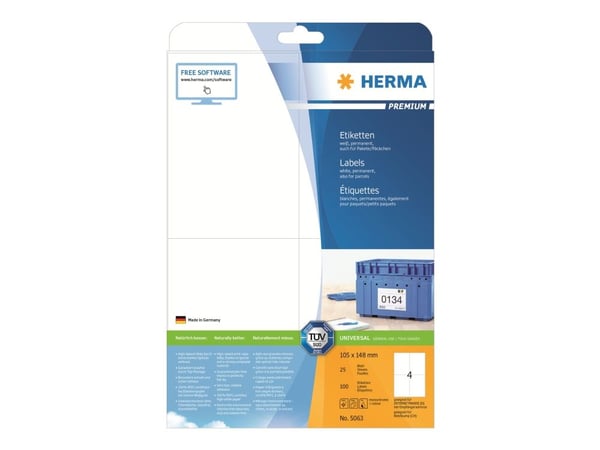 HERMA Premium - Papir - matt - permanent selv-adhesiv - hvit - 148 x 105 mm 100 etikett(er) (25 ark x 4) laminerte etiketter