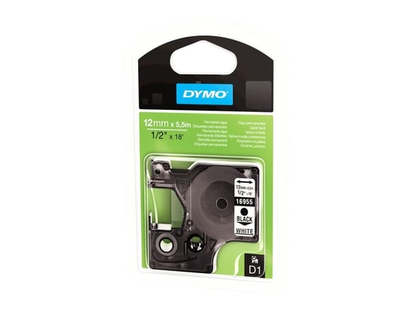 DYMO D1 - Polyester - permanet adhesiv - svart på hvitt - Rull (1,2 cm x 5,5 m) 1 kassett(er) merketape - for LabelMANAGER 160, 210D, 210D Kit, 210...
