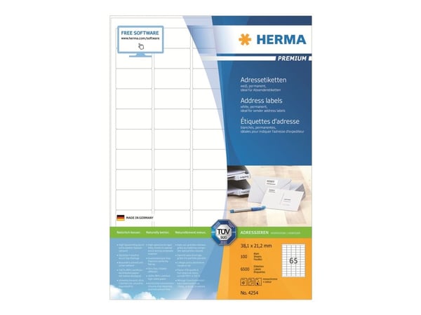 HERMA Premium - Papir - matt - permanent selv-adhesiv - kraftig hvitt - 38.1 x 21.2 mm 6500 etikett(er) (100 ark x 65) laminerte adresseetiketter