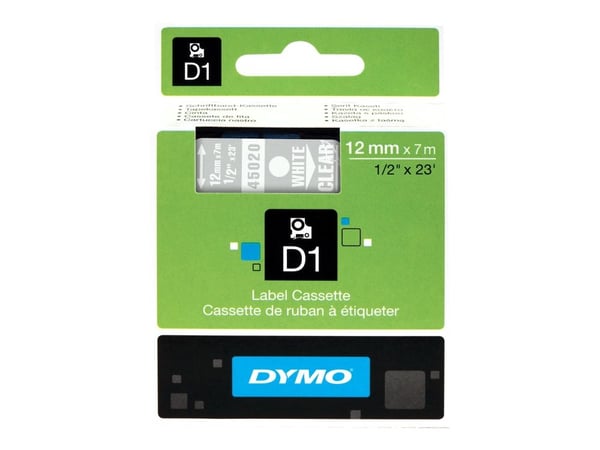 DYMO D1 - Selv-adhesiv - hvitt på transparent - Rull (1,2 cm x 7 m) 1 kassett(er) merketape - for LabelMANAGER 160, 210D, 210D Kit, 210D Kit Case, ...