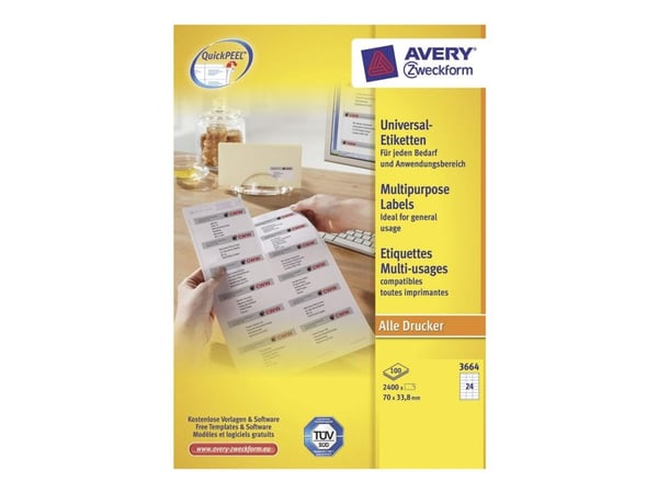 Avery - Hvit - 70 x 33.8 mm 2400 etikett(er) (100 ark x 24) flerbruks merkelapper