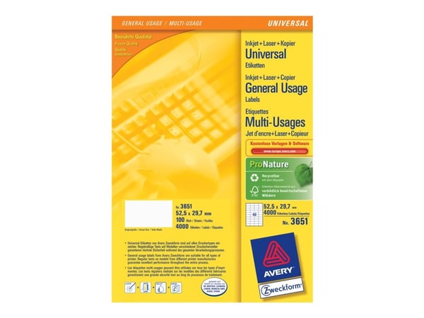 Avery Universal Labels, White 52,5x29,7mm, 52.5 x 29.7, 4000 kpl, 100 arkkia