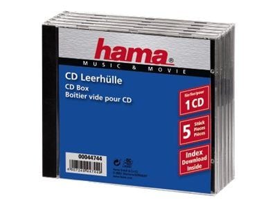 Hama CD Jewel Case Standard, Pack 5, C-shell-kotelo, 1 levyt, Musta, Läpinäkyvä, Polystyreeni, 140 mm, 10,4 mm