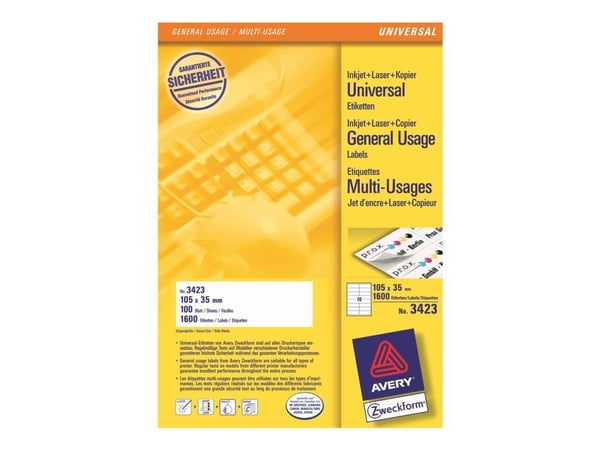 Avery Universal Labels, White 105x35mm, 105 x 35, 1600 kpl, 100 arkkia