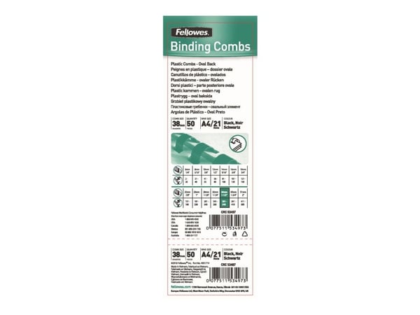 Fellowes Plastic Comb - 38 mm - 30 cm - 21 ringer - A4 (210 x 297 mm) - 340 ark - svart - 50 stk plastbindekam - for Fellowes Galaxy 500, Galaxy E ...