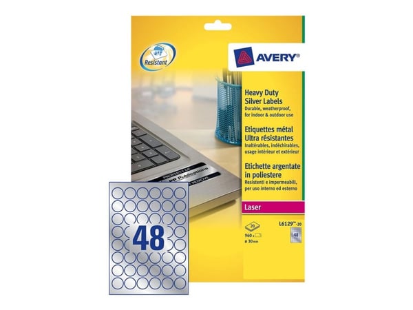 Avery Heavy Duty Laser Labels - Polyester - permanent selvklebende - sølv - 30 mm rund 960 etikett(er) (20 ark x 48) film
