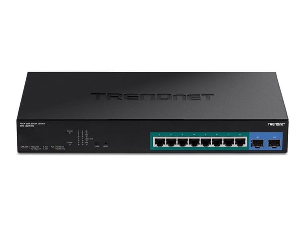 TRENDnet TPE-1021WS - Switch - smart - 8 x 10/100/1000 (PoE+) + 2 x 10/100/1000/SFP - skrivbordsmodell, rackmonterbar - PoE+ (130 W) - TAA-kompatibel