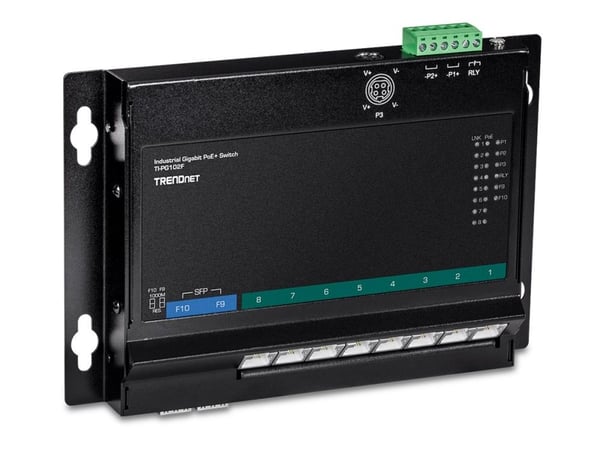 TRENDnet TI-PG102F - Industrial - switch - 8 x 10/100/1000 (PoE+) + 2 x kombo-Gigabit SFP - DIN-skinnemonterbar, veggmonterbar - PoE+ (240 W) - DC-...