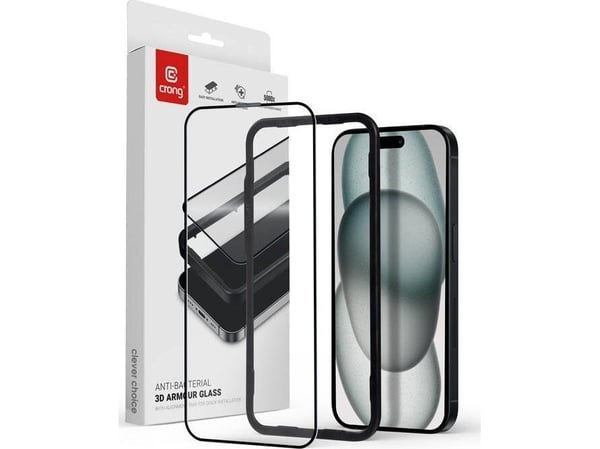 Crong Anti-Bacterial 3D Armor Glass - 9H herdet glass for hele iPhone 15 Plus-skjermen + installasjonsramme