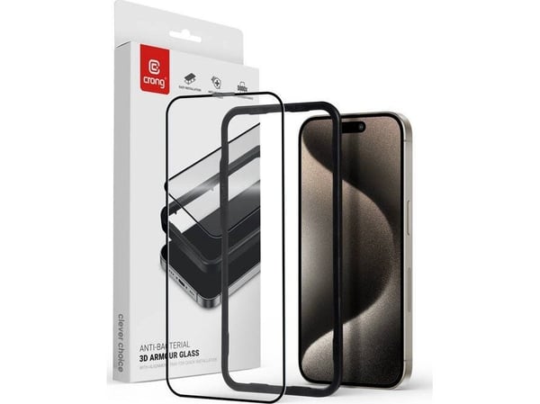 Crong Anti-Bacterial 3D Armor Glass - 9H herdet glass for hele iPhone 15 Pro-skjermen + installasjonsramme