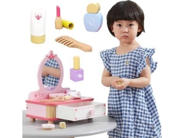 Viga Toys rosa toalettbord i tre til sminke med speil + tilbehør