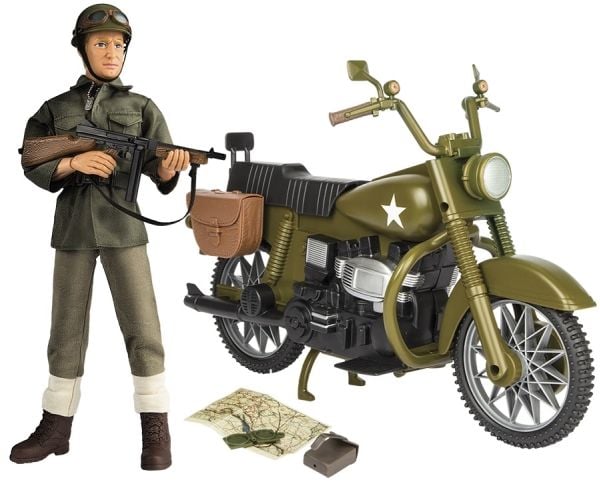WW2-sotilasmoottoripyörä toiminnallisella figuurilla 30,5 cm