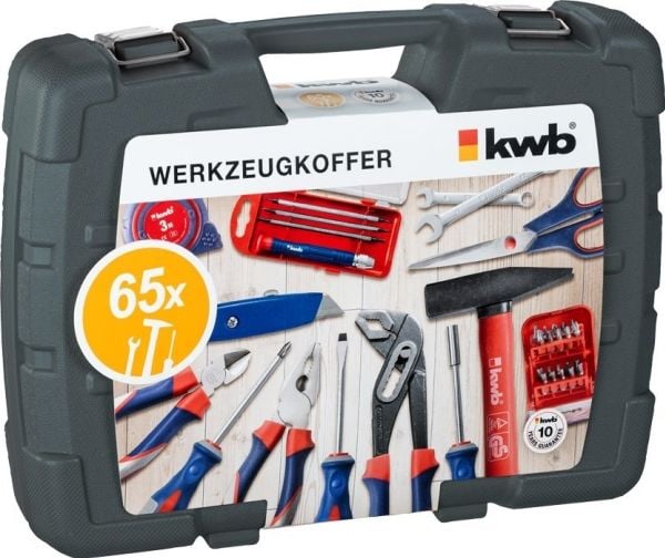 kwb Tool Case 65 PC, 8,10,11,12,13,15,17,19 mm, Vakio-kaapeli, Musta, 2 Avainta, 65 työkalua