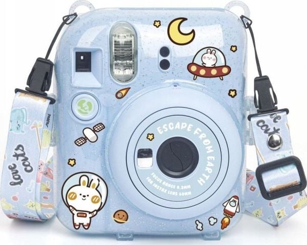 LoveInstant etui til FujiFilm Fuji INSTAX Mini 12 + klistremerker og lomme til bilder / blå glitter