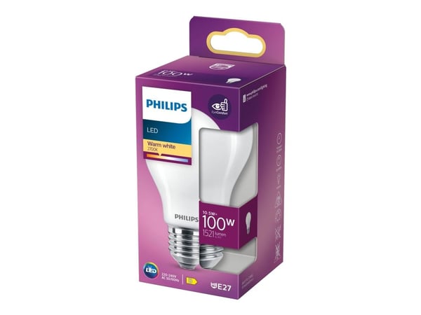 Philips - LED-lyspære - form: A60 - mattslipt finish - E27 - 10.5 W (ekvivalent 100 W) - klasse A++ - varmt hvitt lys - 2700 K