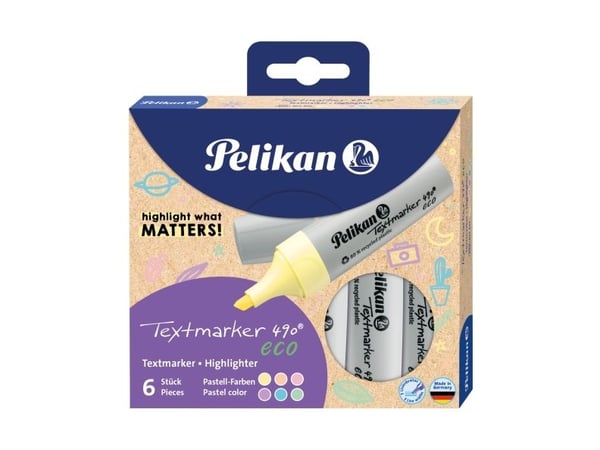 Pelikan Textmarker 490 eco, 6 stk, Flerfarvet, Mejselspids, Genanvendt plast, Fed/fin/medium, 1 mm