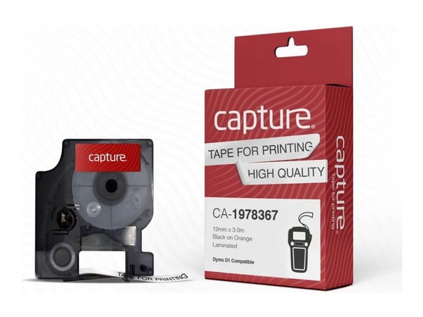 Capture 1978367 D1 compatible 12mm x 3.0m Black on Orange Labeltape
