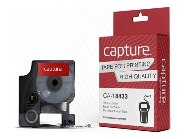 Capture - Vinyl - laminert - permanet adhesiv - svart på gult - Roll (1.9 cm x 5.5 m) 1 kassett(er) hengeboks - merketape (alternativ for: DYMO 184...