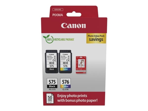Canon PG-575/CL-576 Photo Paper Value Pack - 2-pack - svart, farge (cyan, magenta, gul) - original - hengeboks - blekkpatron/papirsett - for PIXMA ...