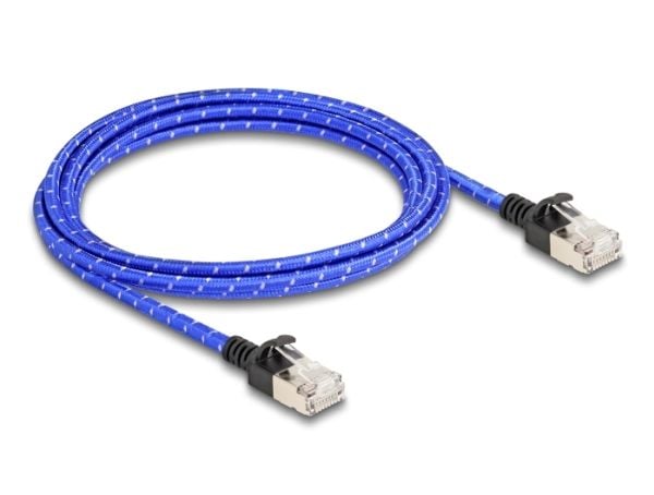 Delock - Nettverkskabel - RJ-45 (hann) til RJ-45 (hann) - 2 m - 4.1 mm - U/FTP - CAT 6a - uten hindringer, slank, flettet belegg - blå