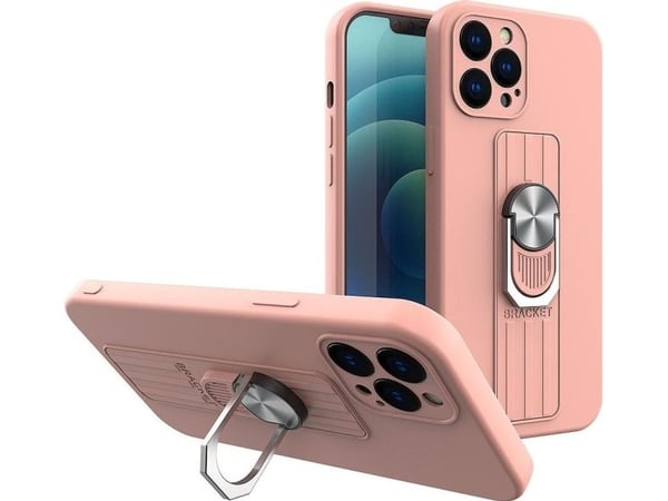 Hurtel ringetui i silikon med fingergrep og stativ til iPhone 12 Pro pink