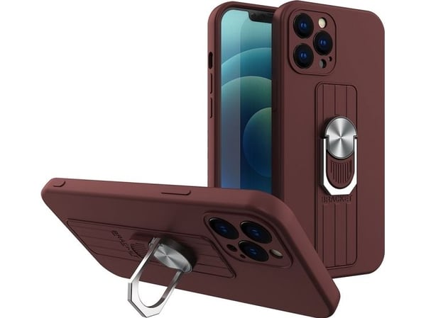 Hurtel Ring Case silikondeksel med fingerholder og stativ for iPhone 12 Pro Max brun
